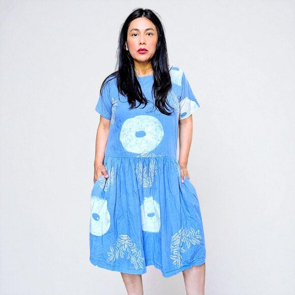 Artisan handmade Indonesia blue white floral geometric tie dye pocket dress OS - Picture 1 of 7